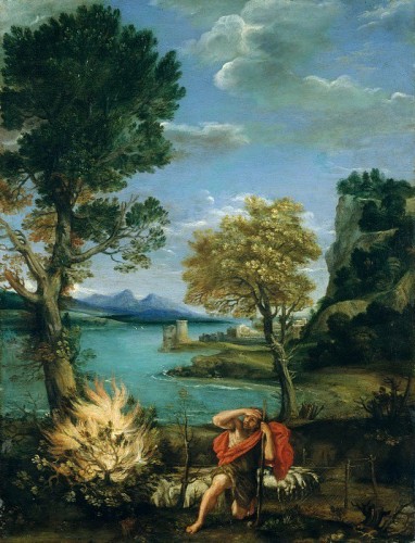 Domenichino (Domenico Zampieri) (Italian, Bologna 1581–1641 Naples)<br />Landscape with Moses and the Burning Bush. <br />1610–16<br />Oil on copper.