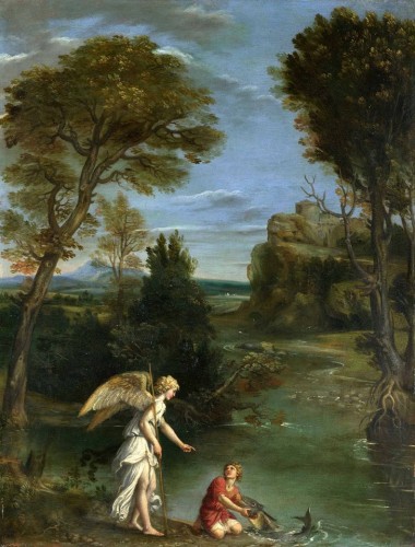 Domenichino. 1581 - 1641<br />Landscape with Tobias laying hold of the Fish<br />about 1610-13<br />Oil on copper<br />45.1 x 33.9 c
